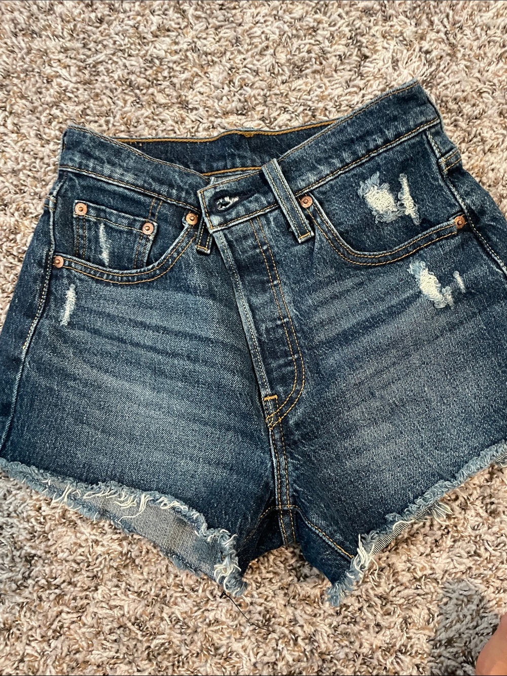 Levi's Dark Blue Distressed High-Rise Denim Shorts